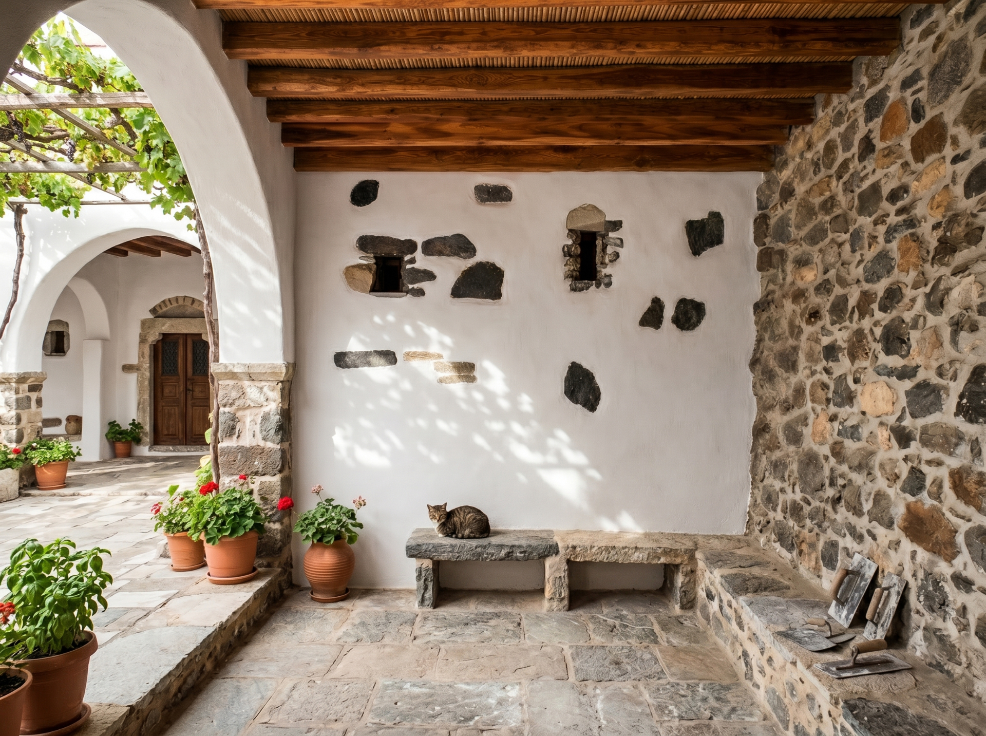 Detalle de espacio rústico con acabado artesanal en yeso